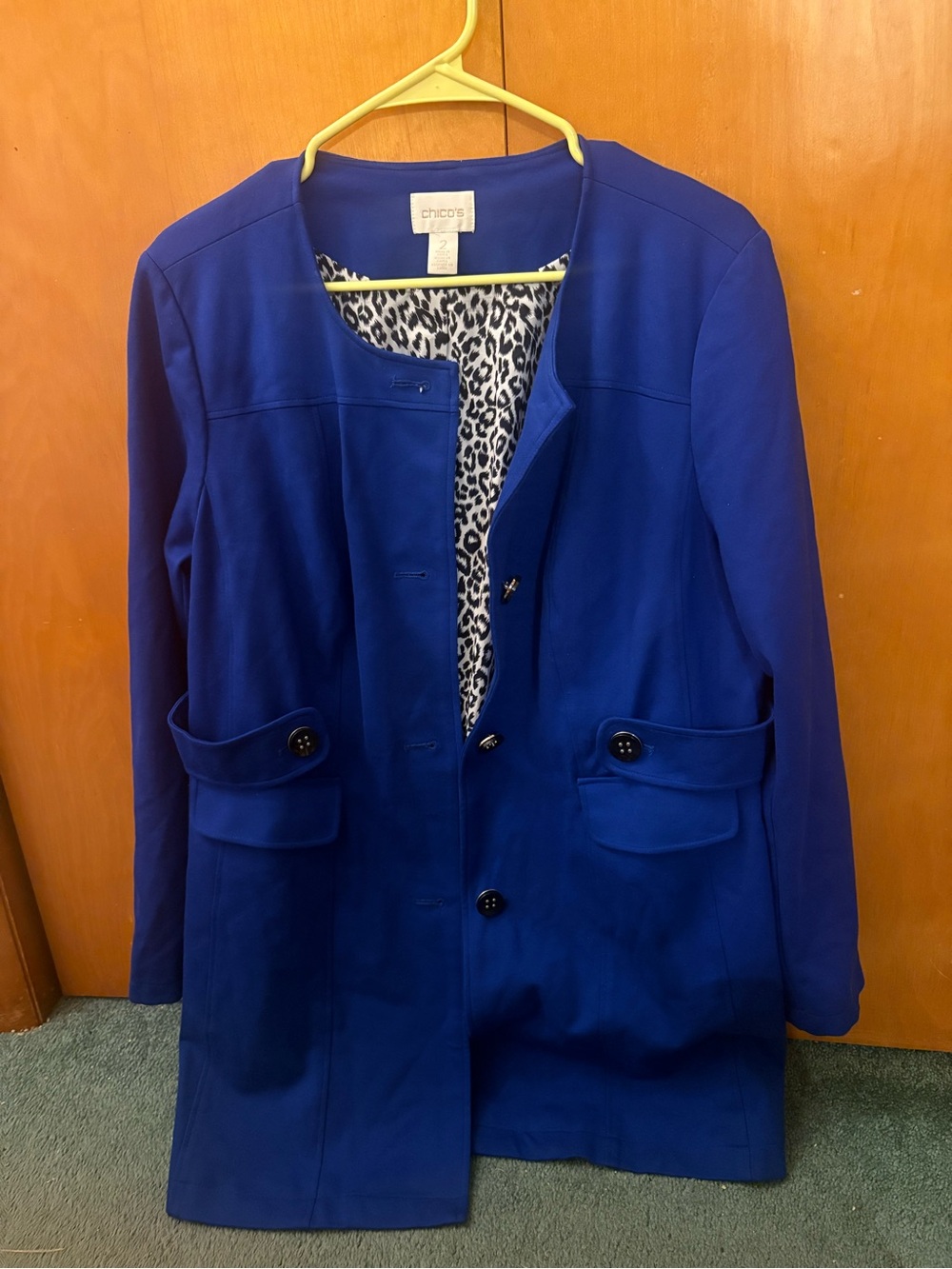 Chico's Cobalt Blue Collarless Blazer Coat with Leopard Lining